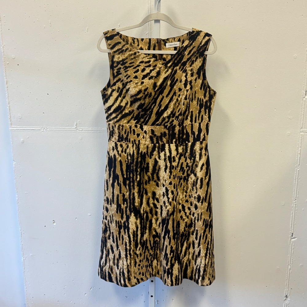 Calvin Klein Leopard‎ Print Sleeveless Sheath Dress CDUG2394 Tan Black Brown 12